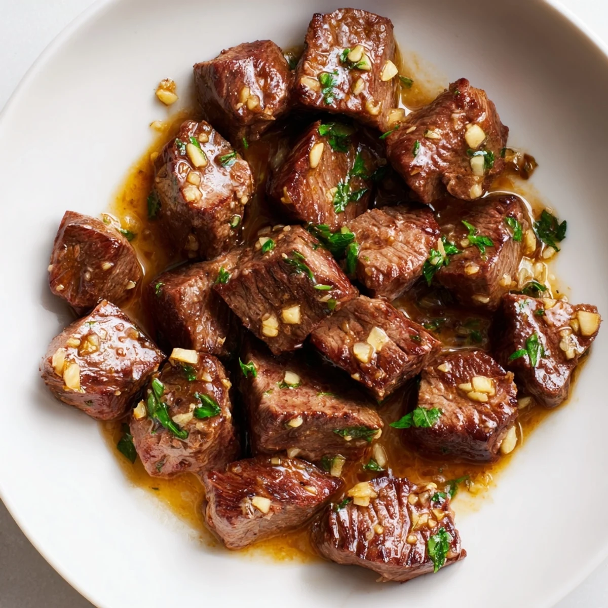 Golden-brown Garlic Butter Steak Bites glistening from the skillet, ready to serve with parsley.