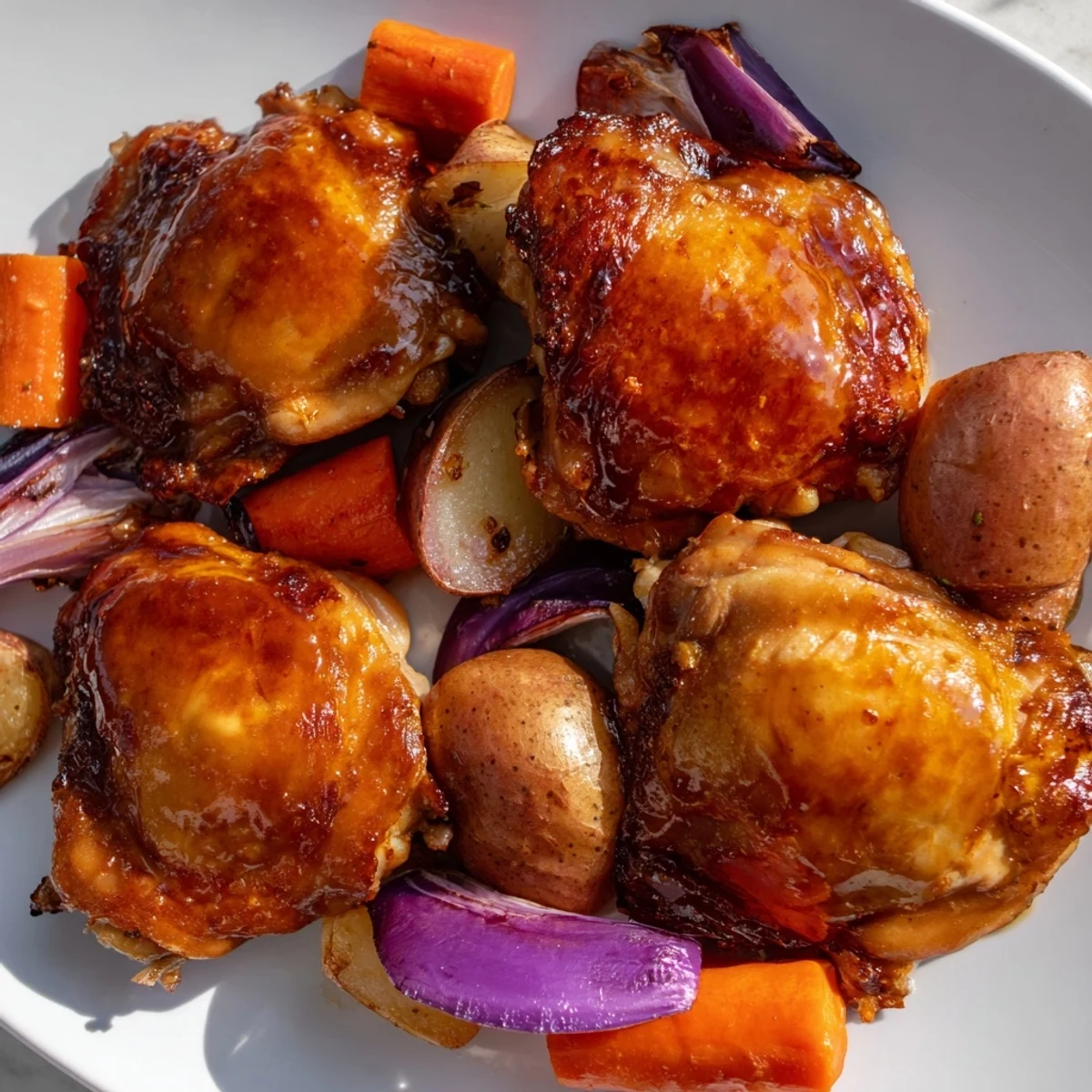Close-up of savory Maple Dijon Chicken Thighs, highlighting crispy skin and a flavorful, sticky glaze.