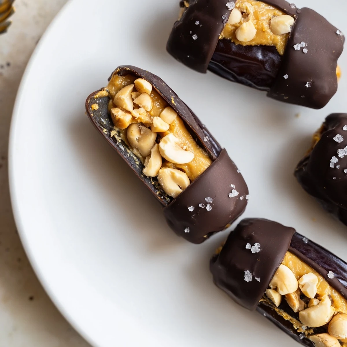 Golden-brown Chocolate Date Snickers, a sweet treat: dates filled with peanut butter and coated in dark chocolate.