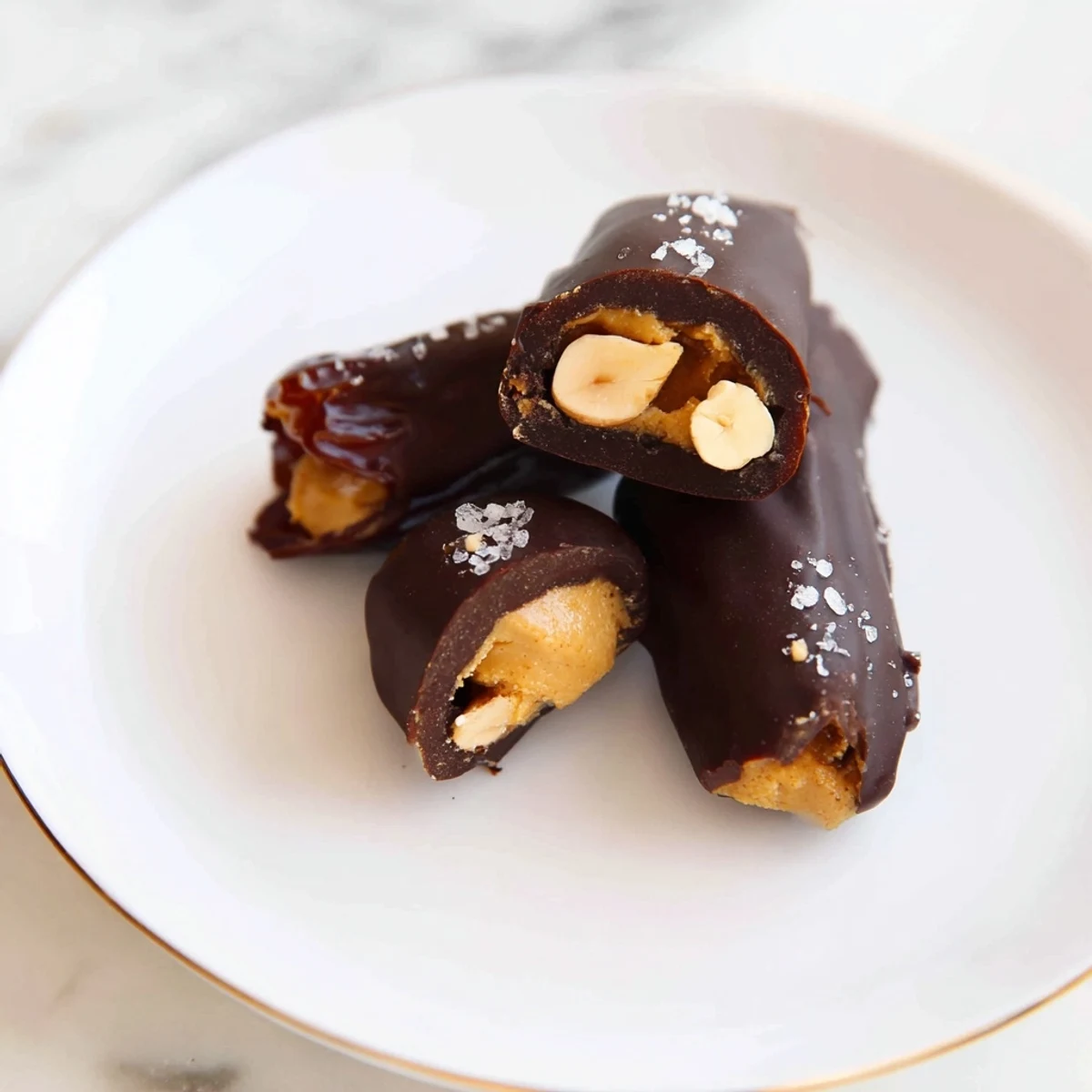 Rich dark chocolate blankets each Chocolate Date Snickers, a no-bake dessert bursting with peanut butter flavor.