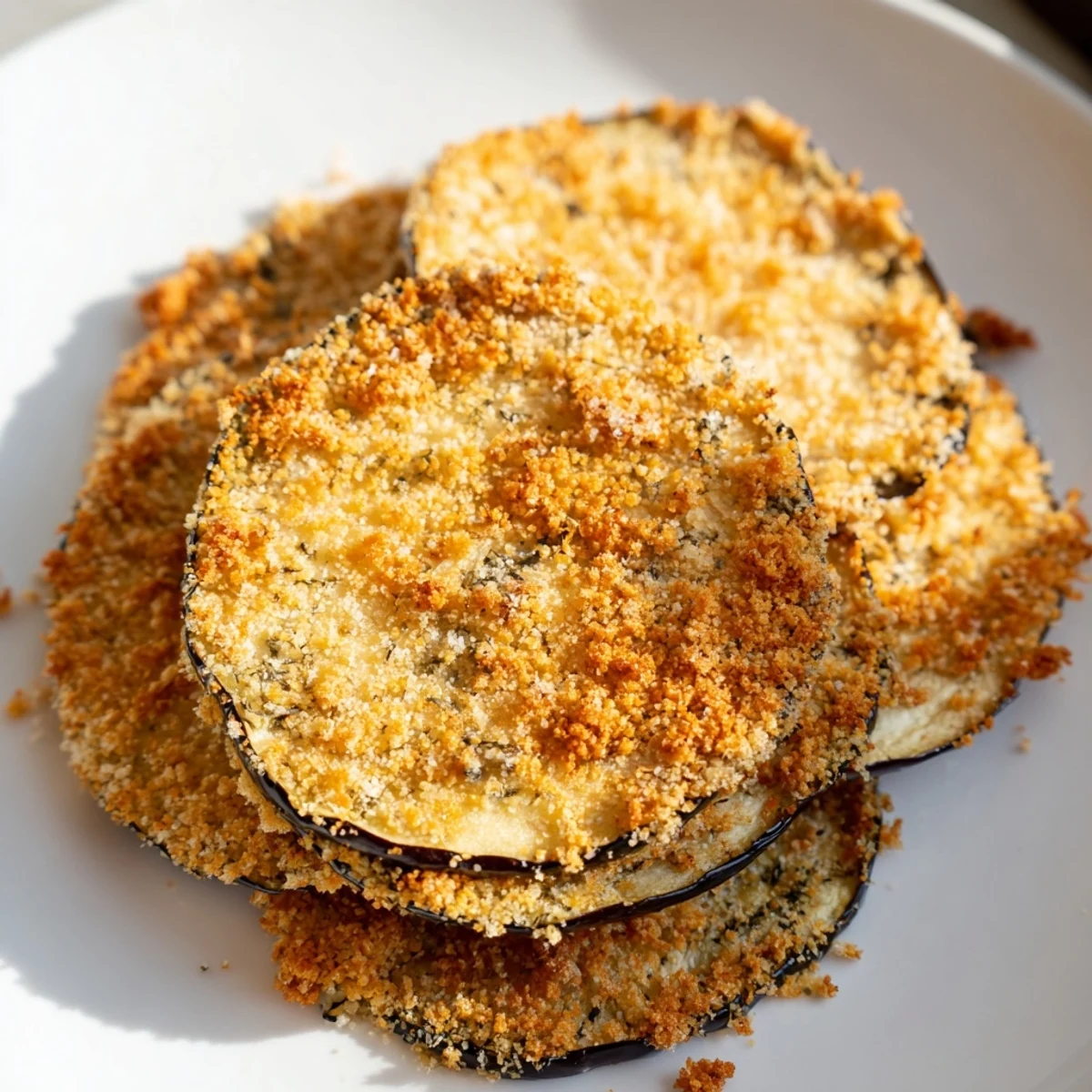 Golden and delicious Crispy Eggplant Parmesan Chips are arranged on a baking sheet, ready for a savory snack.