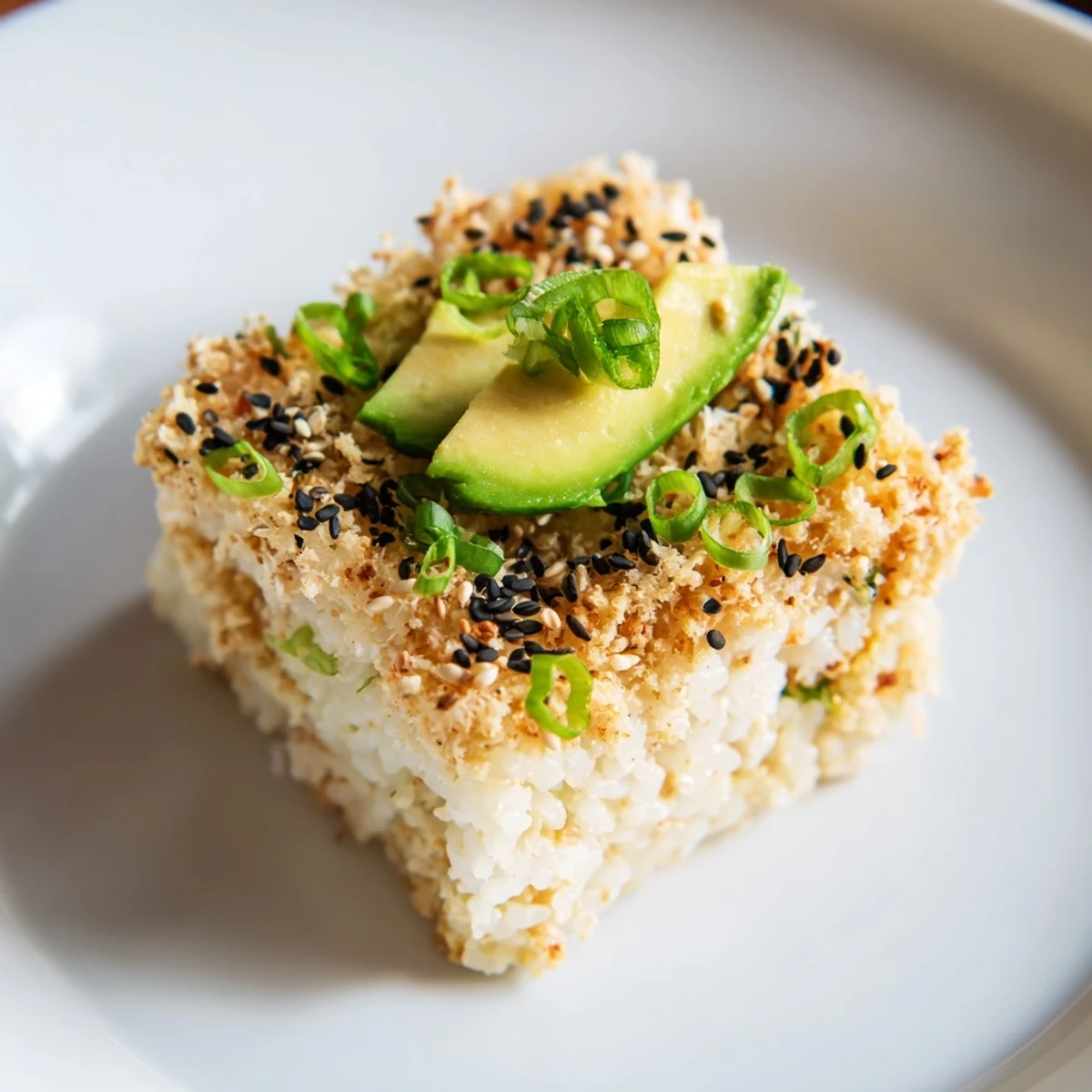 Golden-fried spicy tuna crispy rice bites, topped with creamy avocado—a flavor explosion!