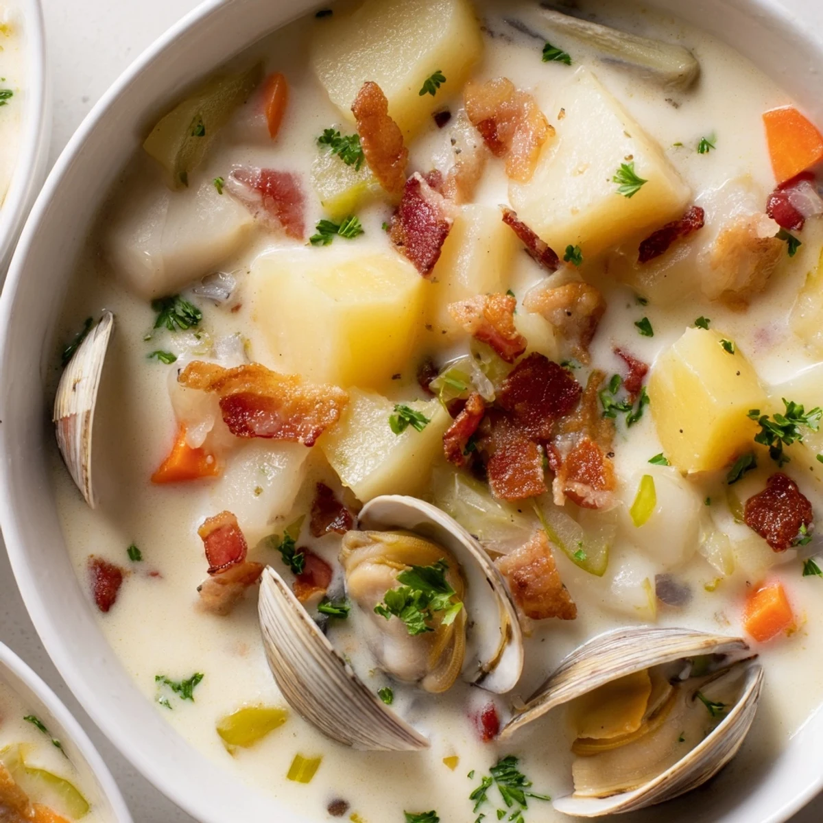 Creamy New England Clam Chowder with tender clams, potatoes, and bacon, ready to warm you up.