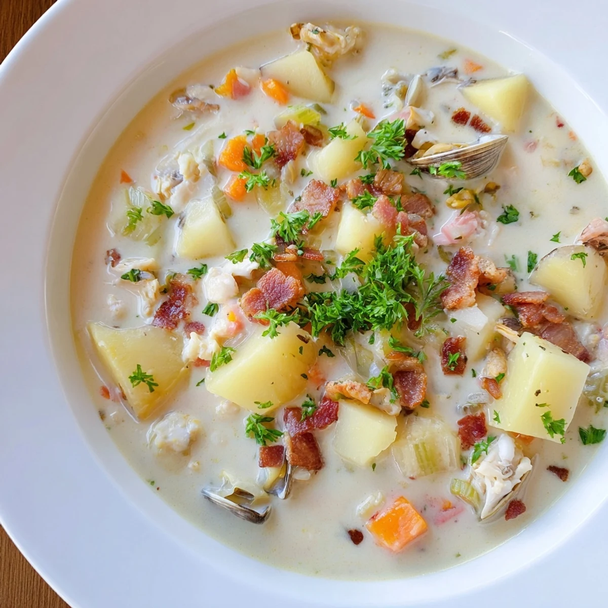 A steaming bowl of New England Clam Chowder, garnished with fresh parsley and oyster crackers.