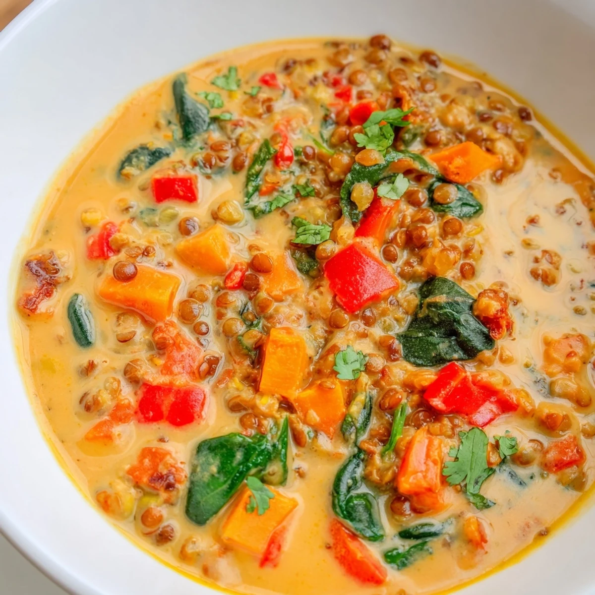Close-up of a steaming bowl of Lentil Red Curry Soup, garnished with fresh cilantro and lime wedges.