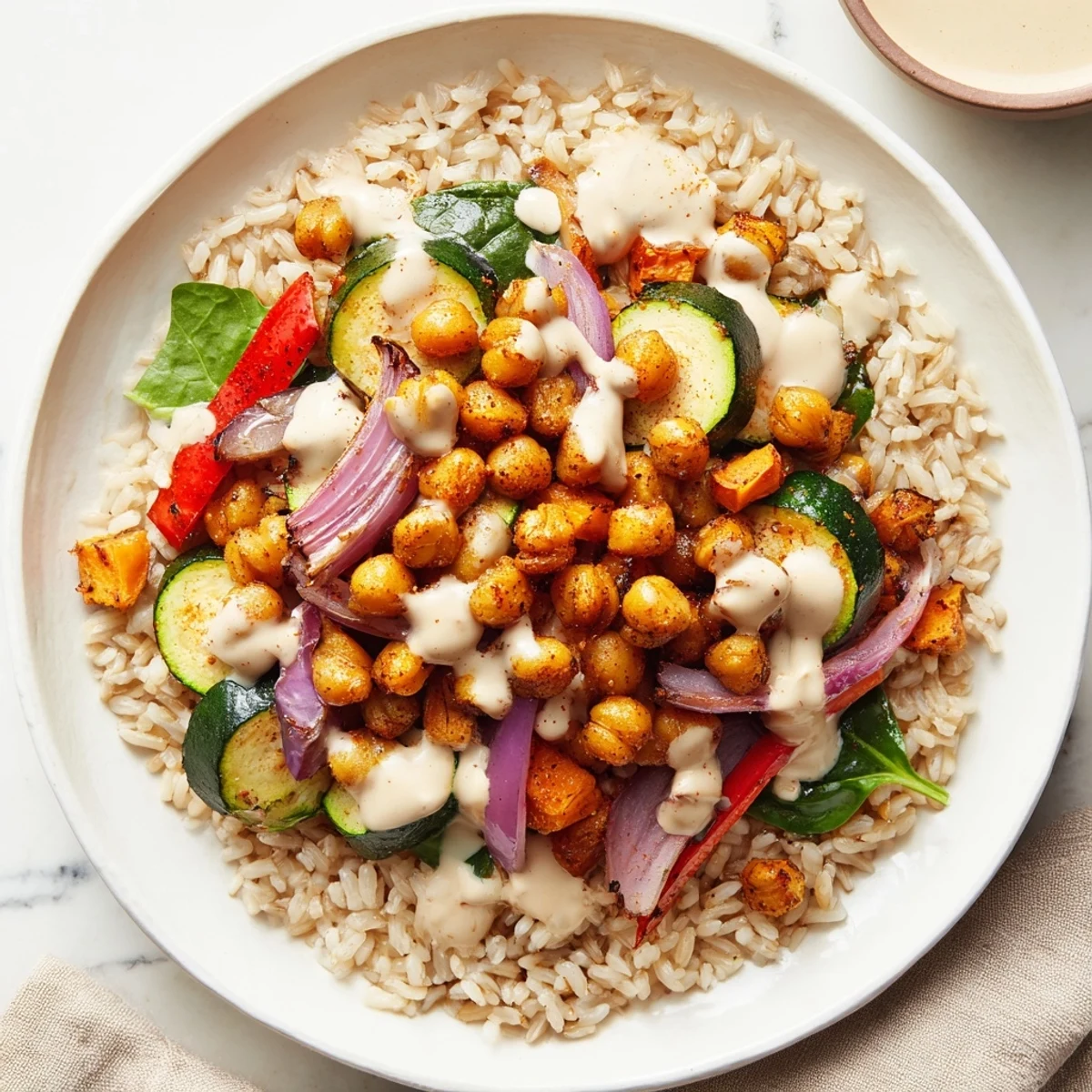 Vibrant Roasted Chickpea Buddha Bowl features fluffy rice, roasted vegetables, and creamy tahini sauce, ready to enjoy.
