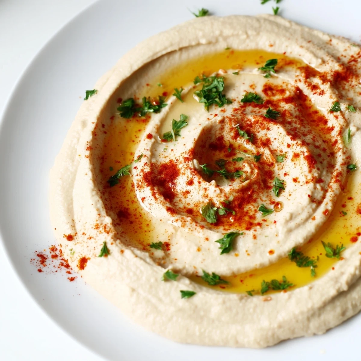 Creamy Levantine hummus plate drizzled with olive oil, ready for dipping warm pita bread.