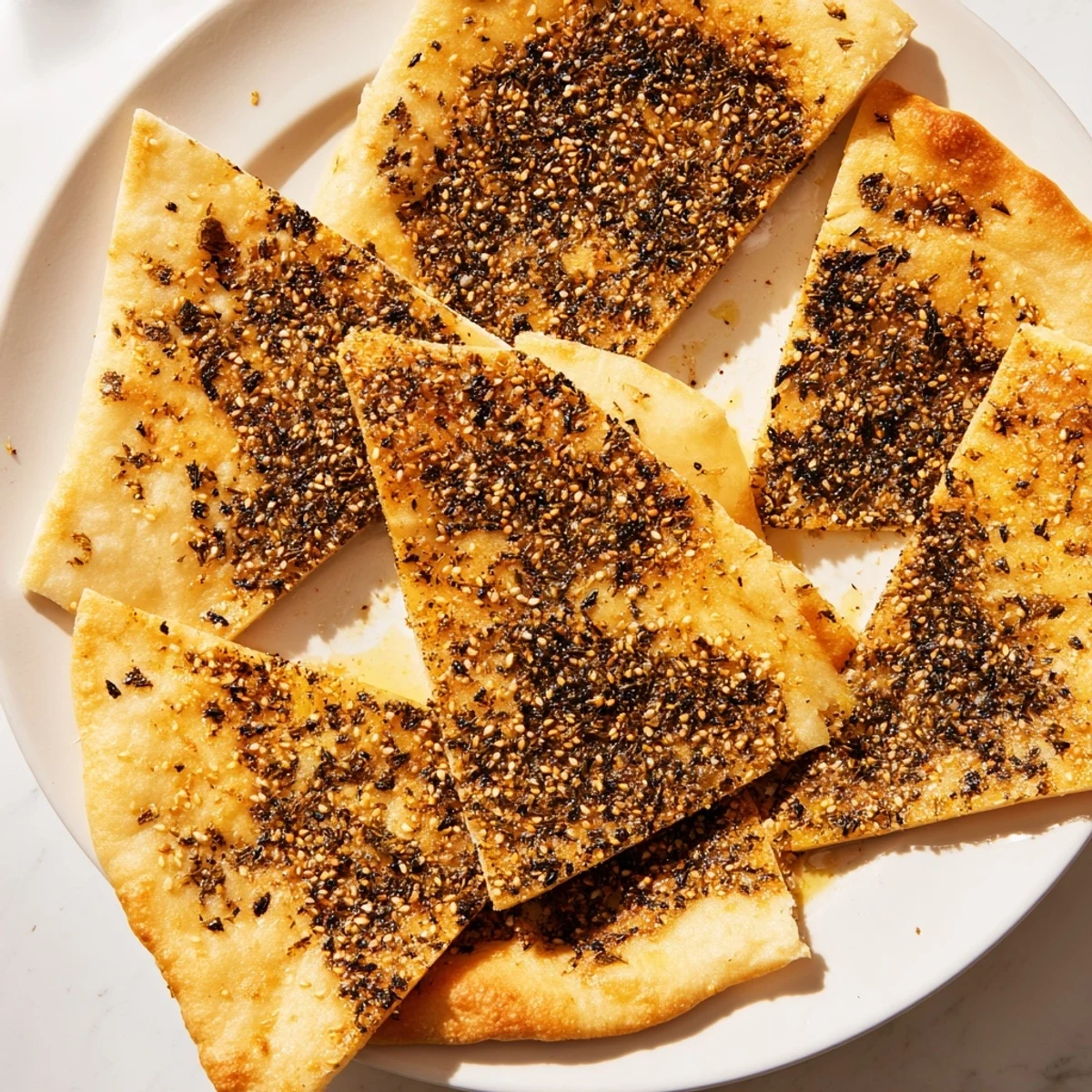 Golden, crispy Levantine Zaatar Bread topped with herbs and sesame seeds, ready to enjoy.