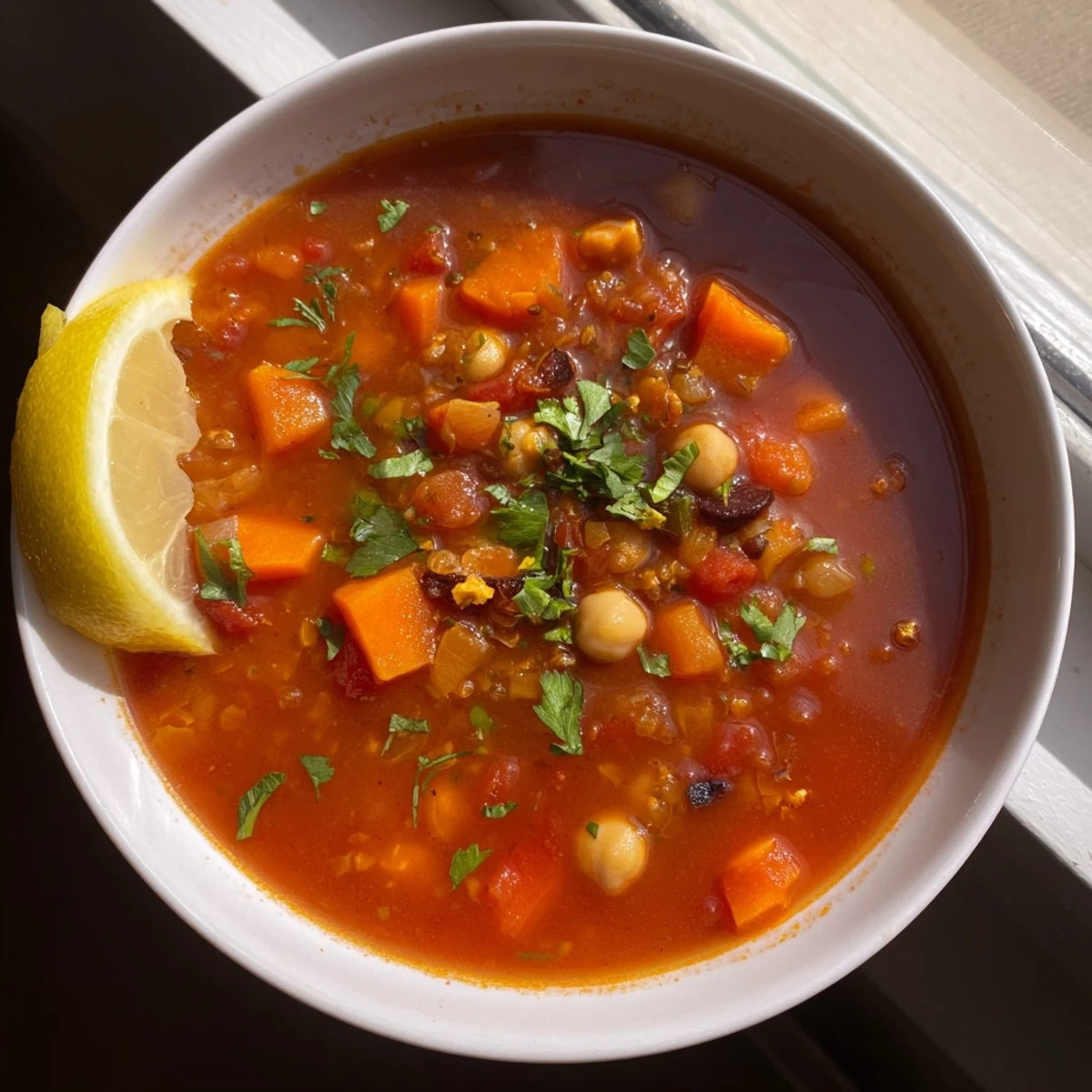 Steaming bowl of North African Harira Soup with vibrant herbs, ready to be served and enjoyed.