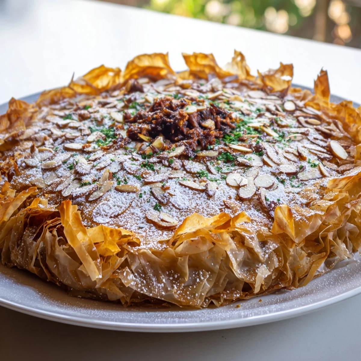 Golden, flaky Moroccan Pastilla Pie, a savory chicken pie dusted with sweet cinnamon and sugar.