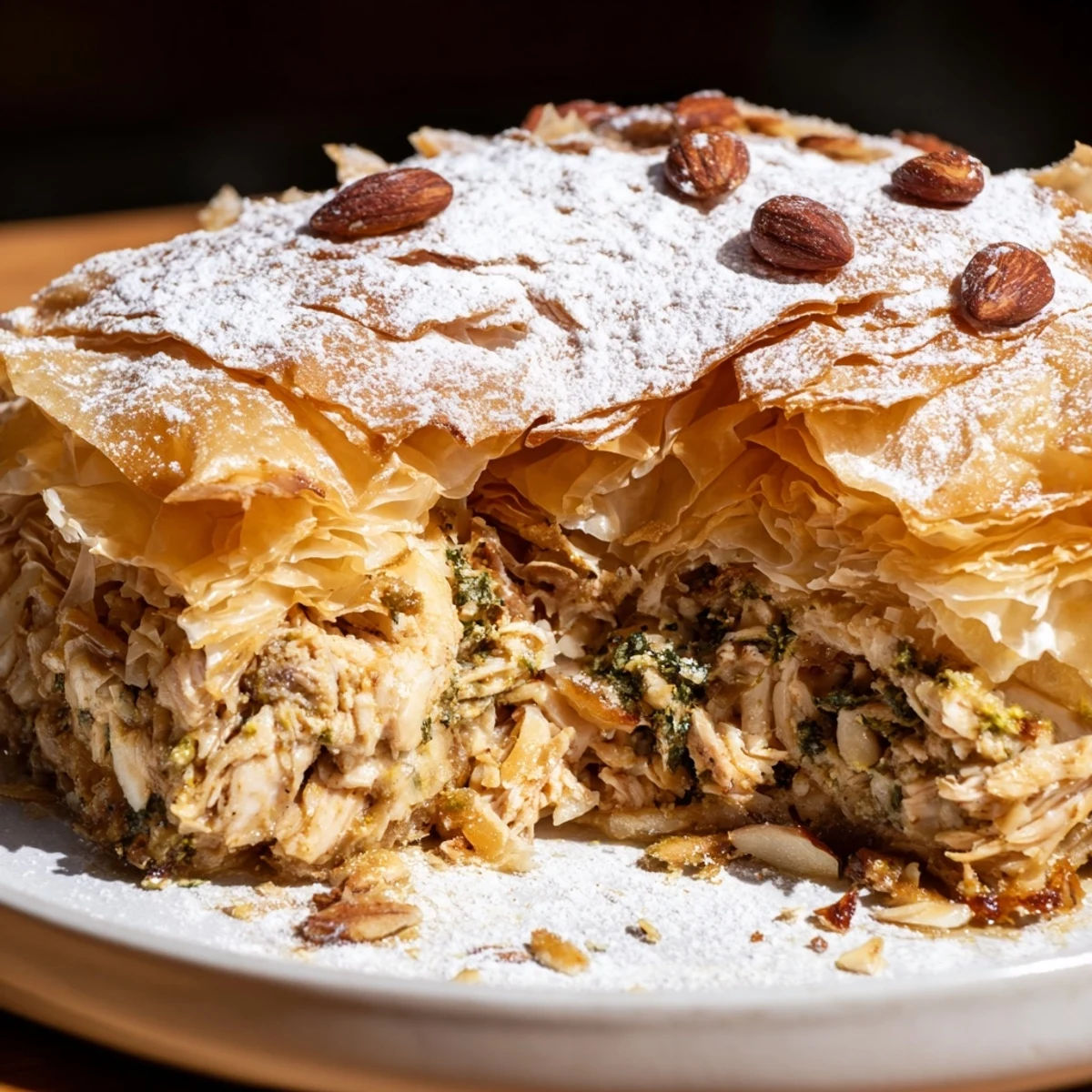 Enjoy the delightful layers of chicken and spice, a delicious Moroccan Pastilla Pie, ready to eat.