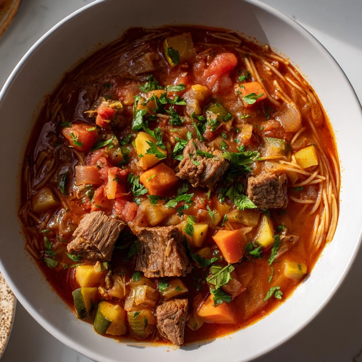 The aromatic Algerian Chorba, featuring lamb and vegetables, is perfect for a comforting meal.