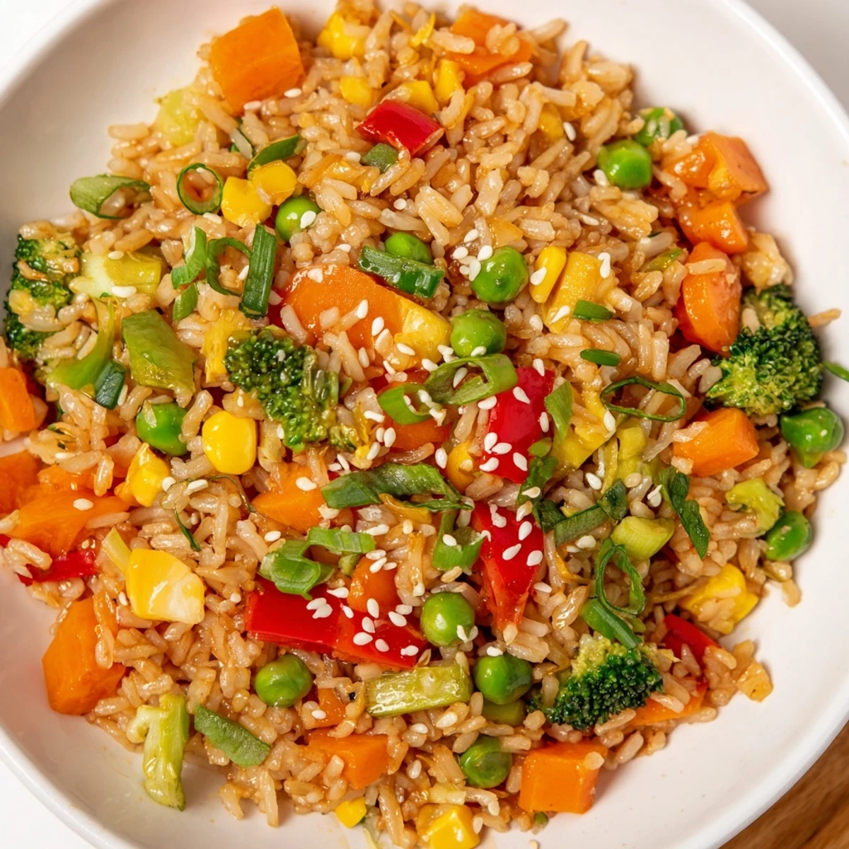A heaping plate of delicious Vegetable Fried Rice, ready to serve with fresh green onion garnish.