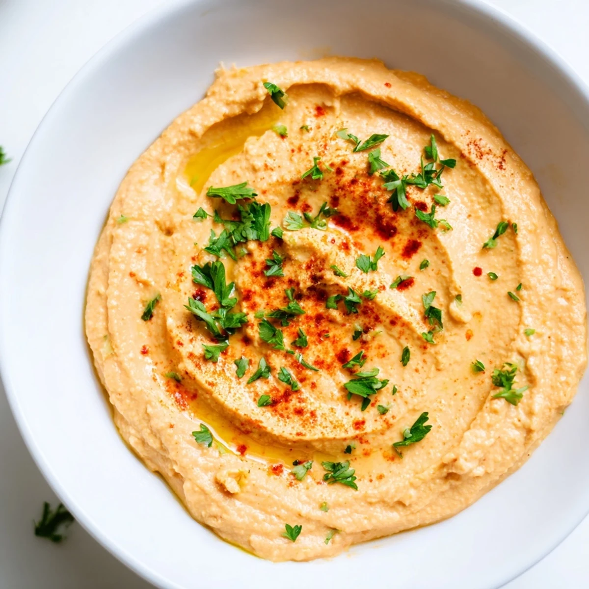 Homemade roasted red pepper hummus: a delicious Middle Eastern appetizer with smoky undertones.