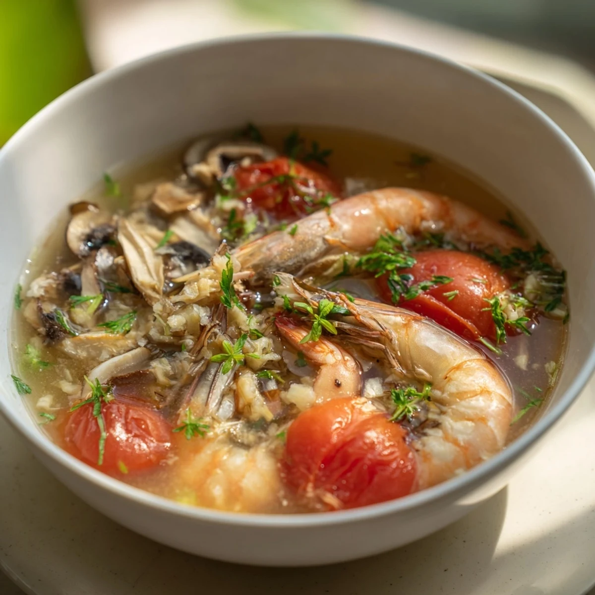 Steaming bowl of spicy Tom Yum soup with shrimp, fragrant lemongrass, and vibrant garnishes.