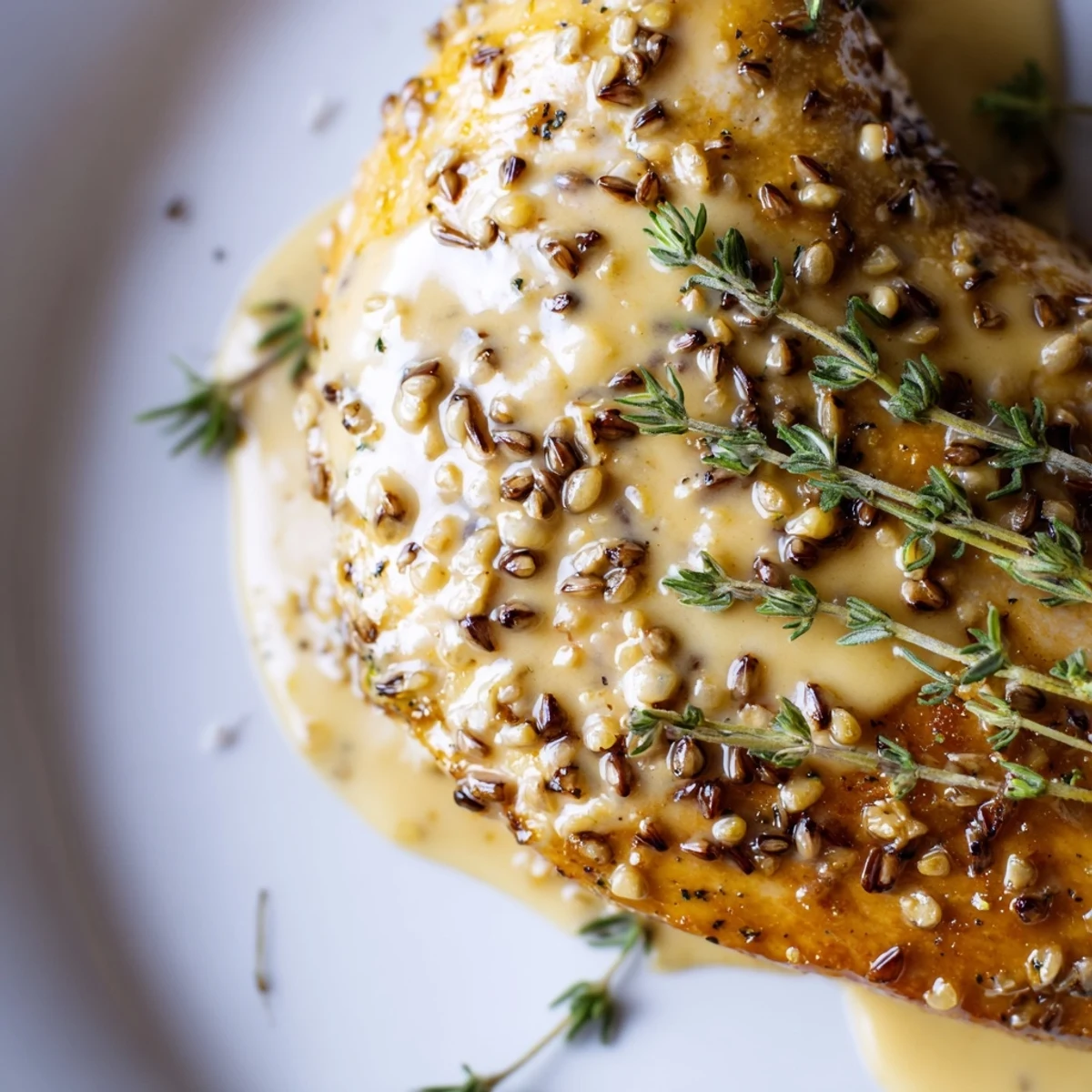 Golden brown chicken breasts simmering in a glossy honey Dijon sauce, garnished with fresh parsley and herbs.  