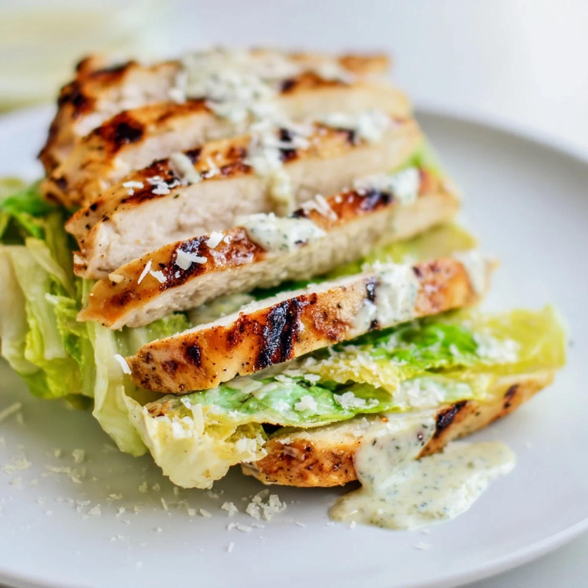 Golden-brown grilled chicken cutlets topped with crisp romaine lettuce and Parmesan cheese inside a toasted brioche bun.