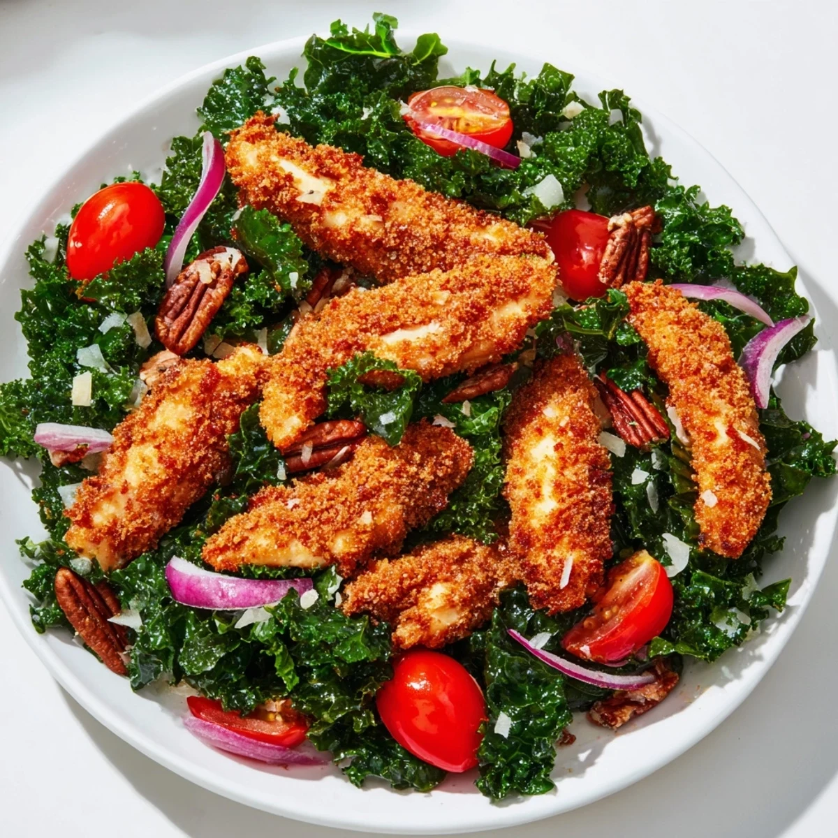 Crispy Chicken Kale Salad served with juicy chicken strips over massaged kale, cherry tomatoes, and toasted pecans.  