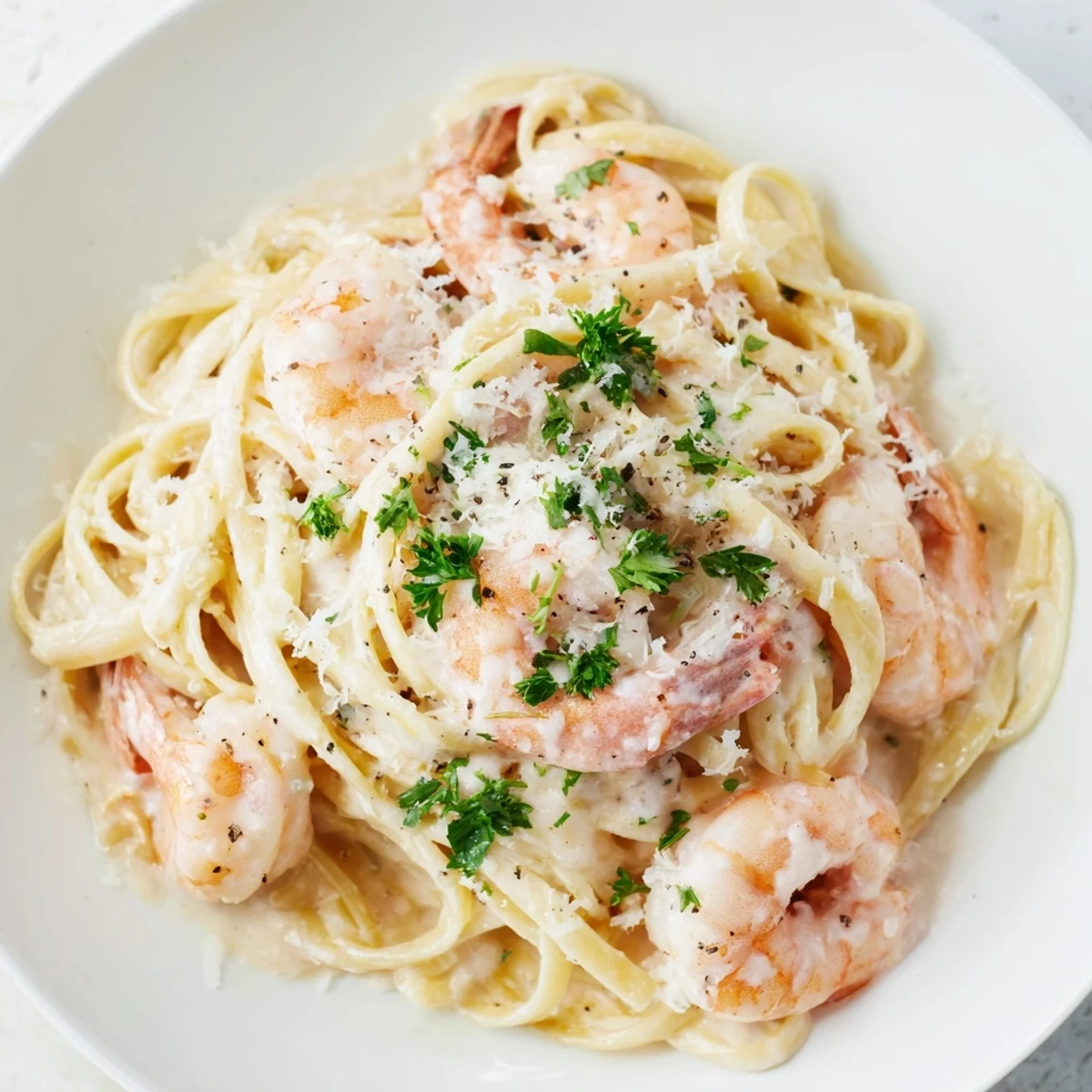 Creamy Garlic Shrimp Pasta features plump pink shrimp coated in a rich, velvety sauce tossed with al dente linguine.