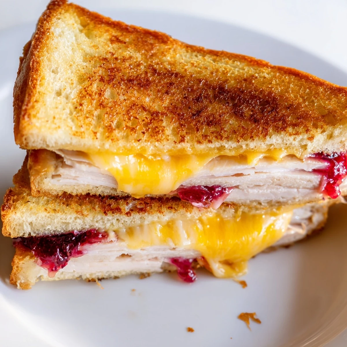 Golden toasted sourdough bread layered with smoked turkey and sharp cheddar, melted together with a tangy cranberry spread in a skillet.