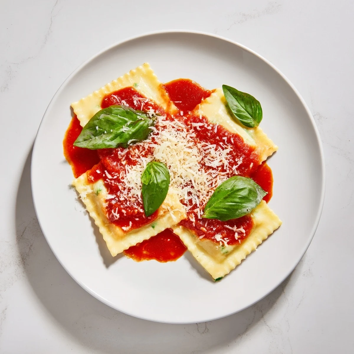 Freshly made spinach ricotta ravioli glistening with vibrant marinara sauce and fresh basil.  