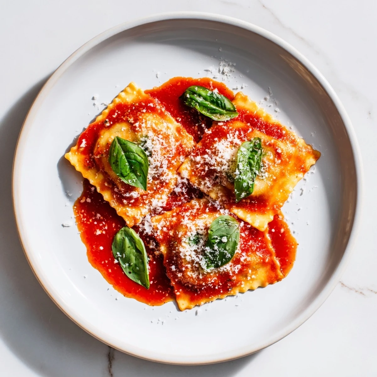 Steaming homemade spinach ricotta ravioli served in a rich, red marinara sauce.