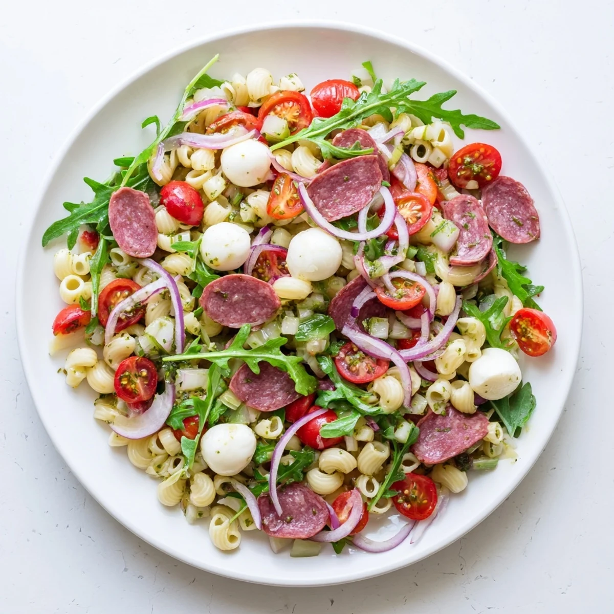 Colorful Spring Antipasto Pasta Salad with ditalini, arugula, salami, mozzarella, and pickled vegetables tossed in a zesty dressing.  