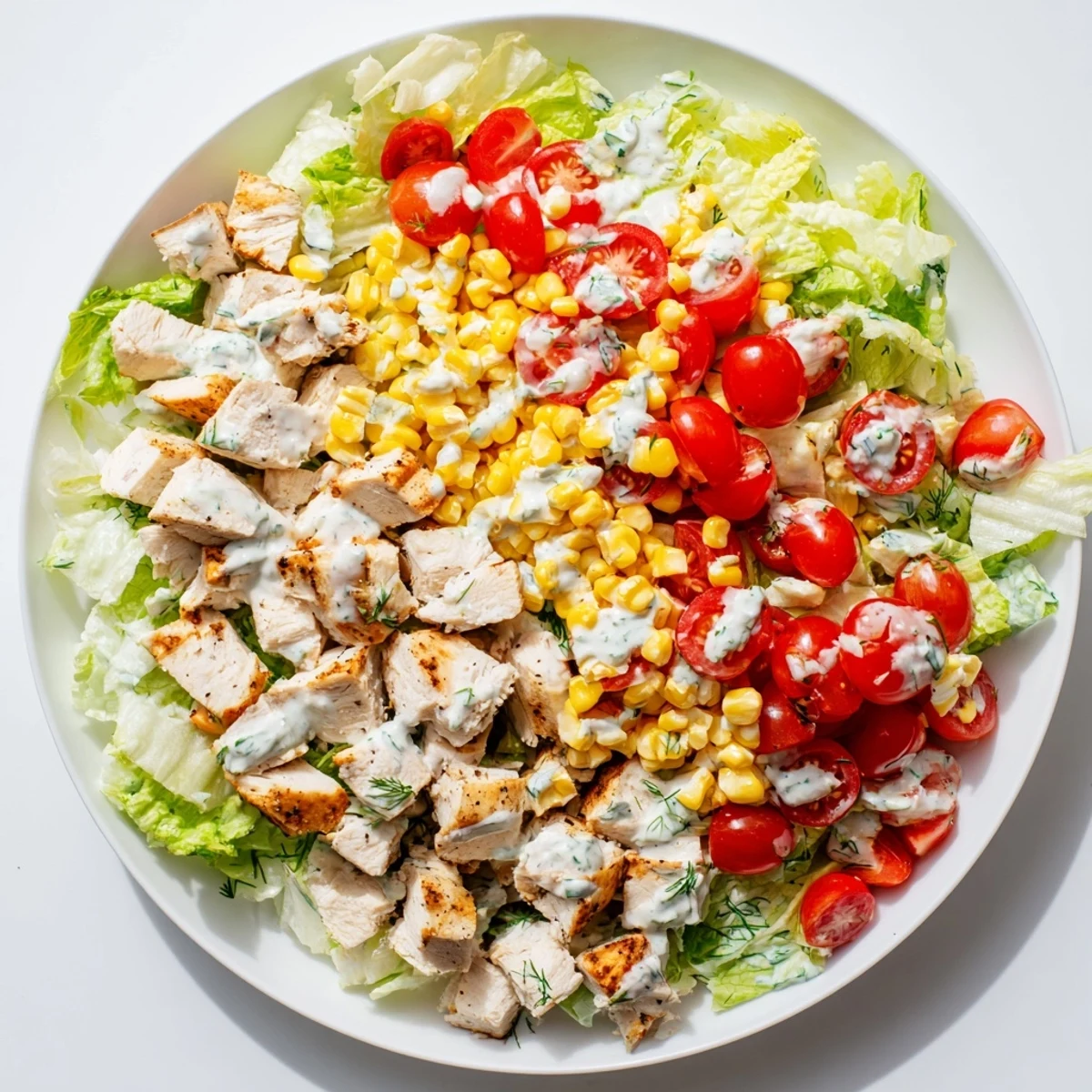 Close-up of Ranch Chicken Chopped Salad tossed in creamy ranch dressing, with sharp cheddar and tender chicken pieces.