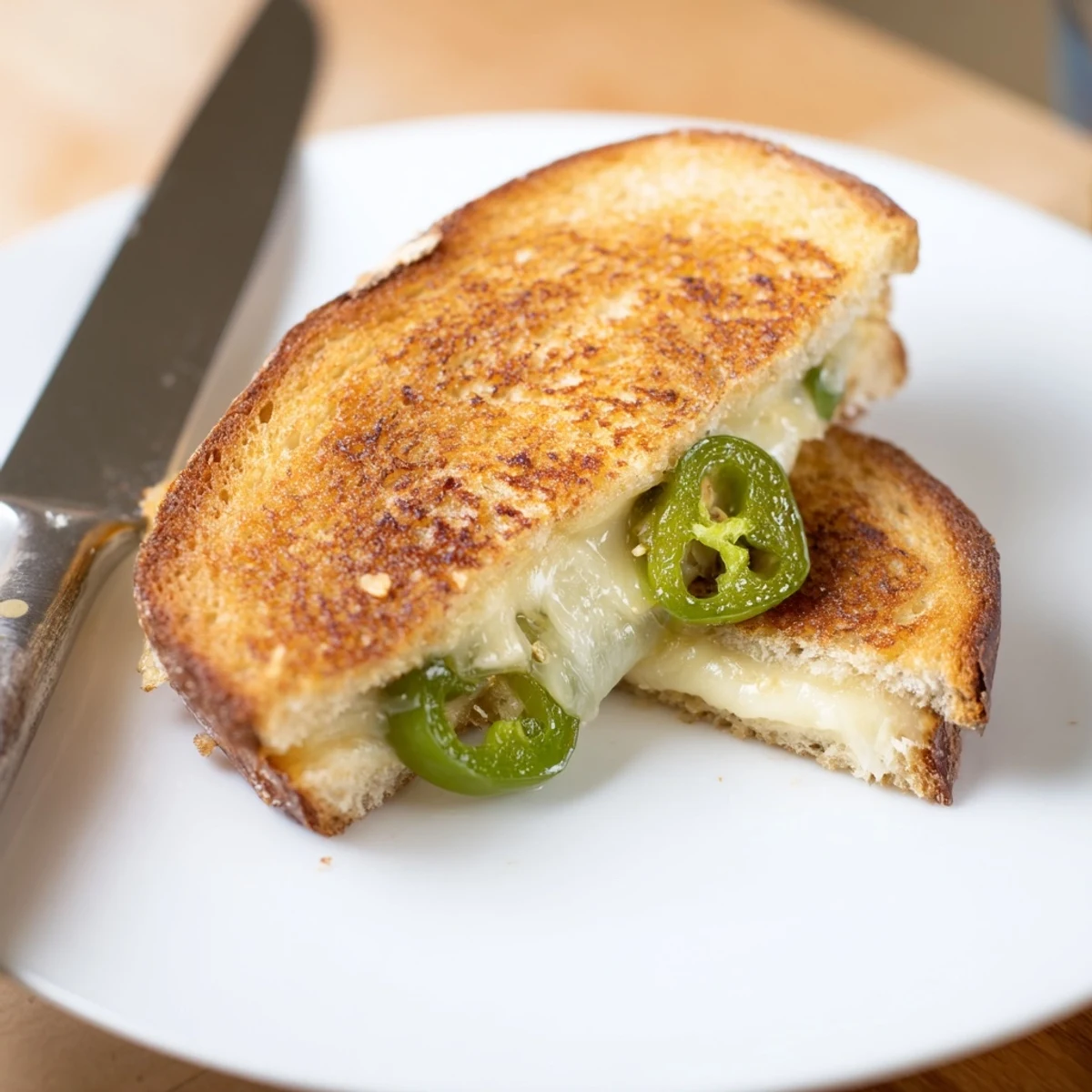 Steaming, melted Havarti cheese and spicy jalapeño slices peek out of golden, buttery sourdough bread in this Jalapeño Havarti Grilled Cheese.  