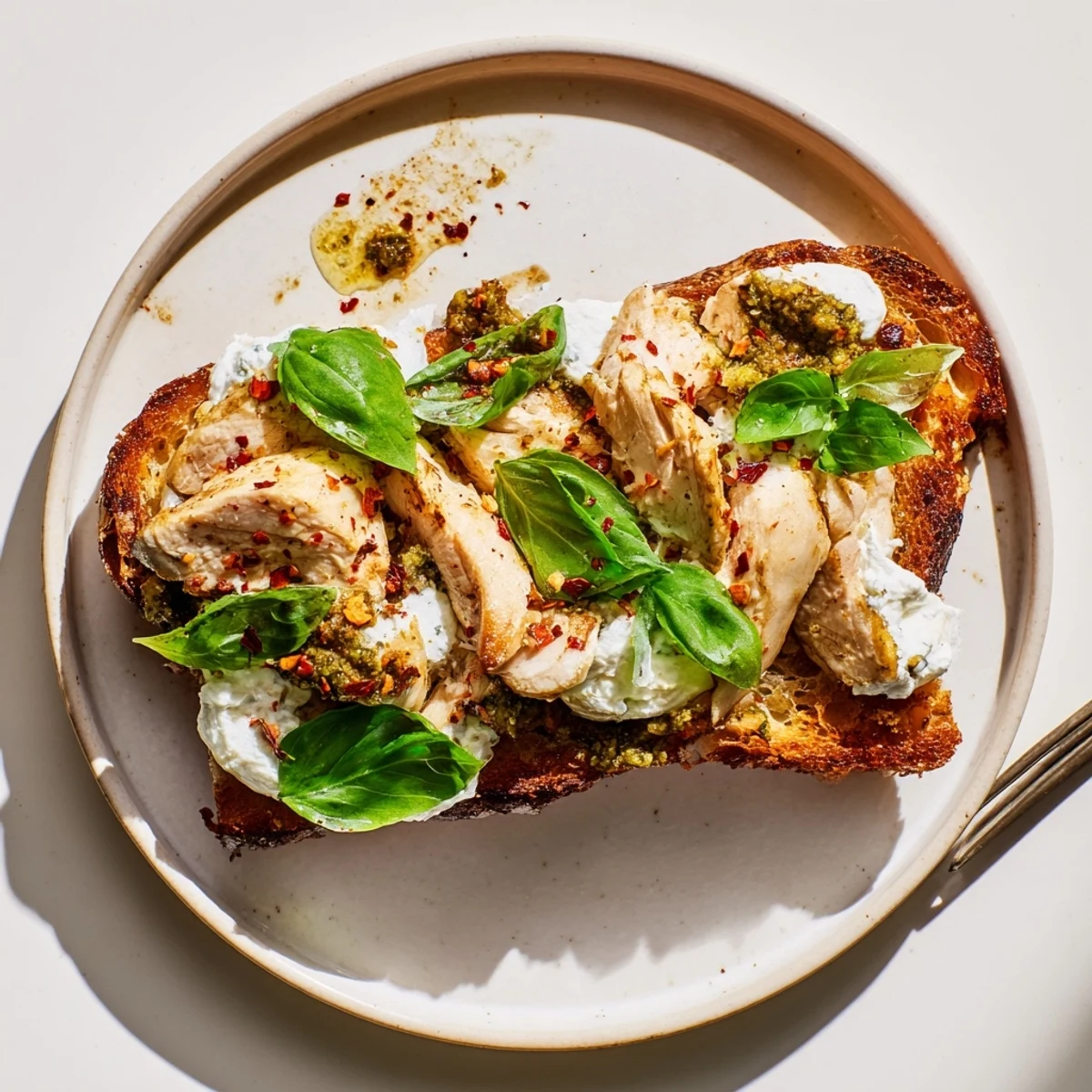 A vibrant open-faced Pesto Chicken Burrata Toast featuring olive oil-brushed sourdough, juicy chicken, and rich burrata cheese, finished with a dusting of red pepper flakes.
