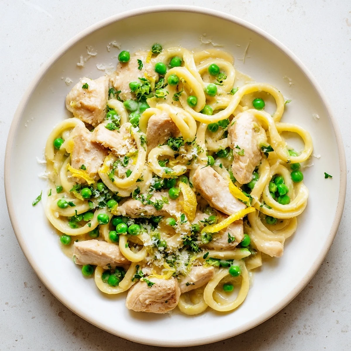 Family-style Garlic Butter Chicken & Pea Pasta served with fresh parsley and grated Parmesan cheese.