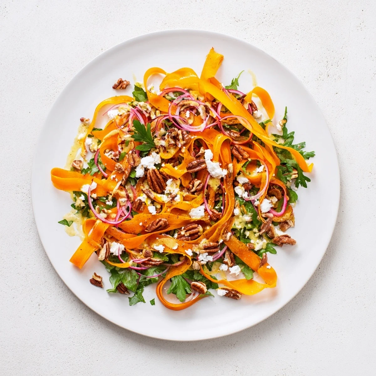 A close-up of Roasted Carrot Ribbon Salad showing crumbled feta and toasted pecans on fresh arugula and spinach.  