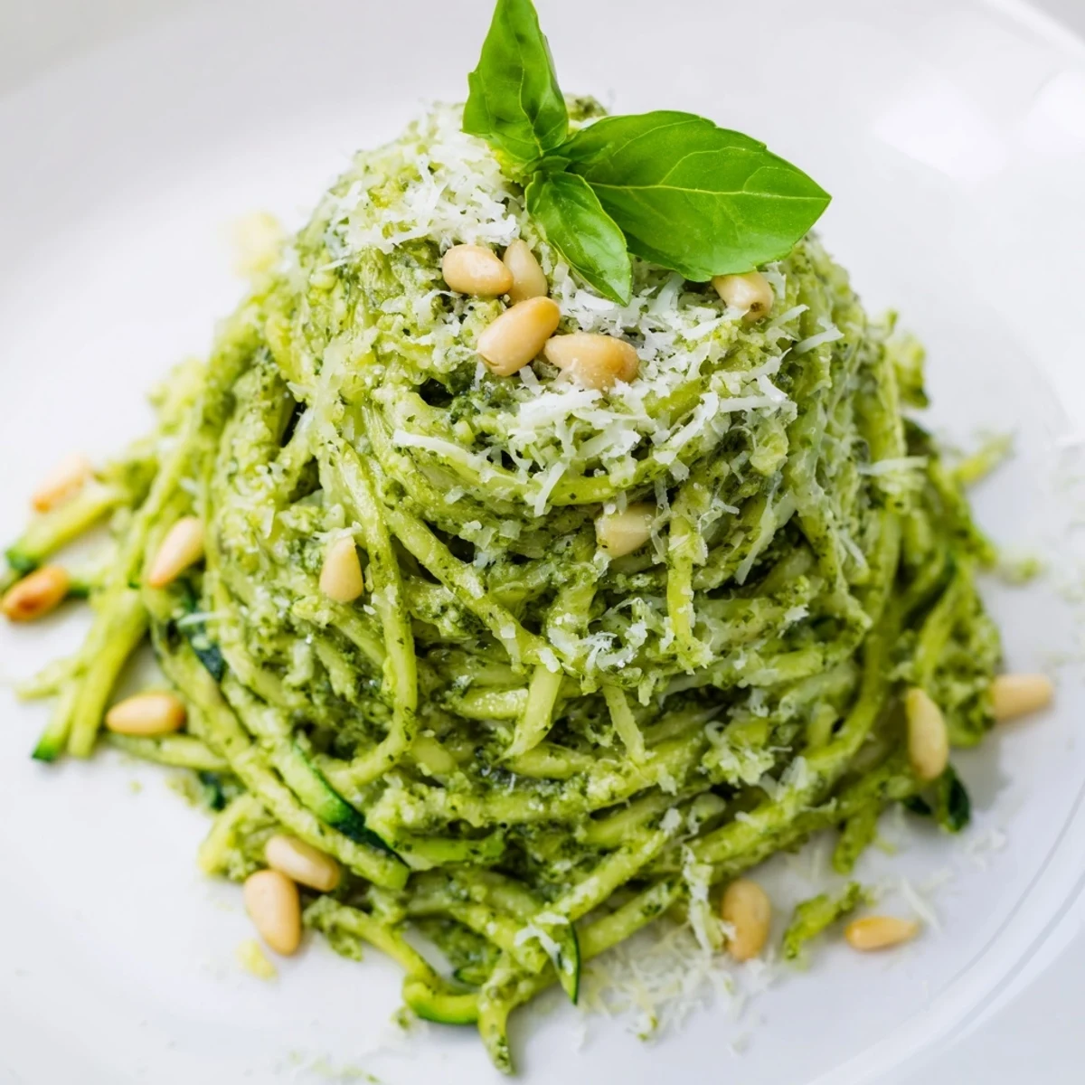 Freshly spiralized zucchini noodles tossed in homemade basil pesto, topped with extra Parmesan and a sprinkle of red pepper flakes for a low-carb dinner.
