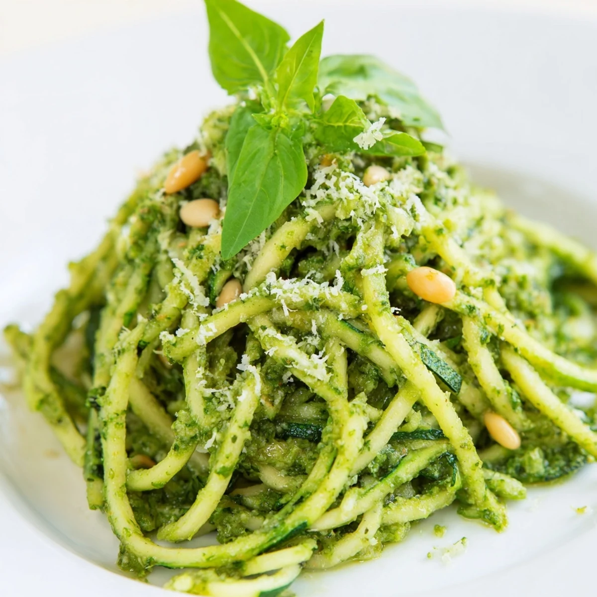 Bright green zucchini noodles coated in fragrant pesto with lemon zest, served alongside cherry tomatoes for a quick, healthy, and gluten-free weeknight meal.
