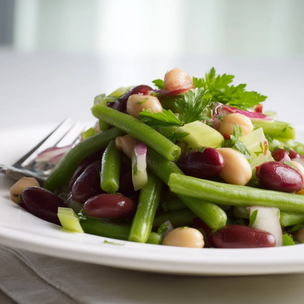 A vibrant Three-Bean Salad with green beans, kidney beans, and chickpeas tossed in a tangy apple cider vinaigrette.