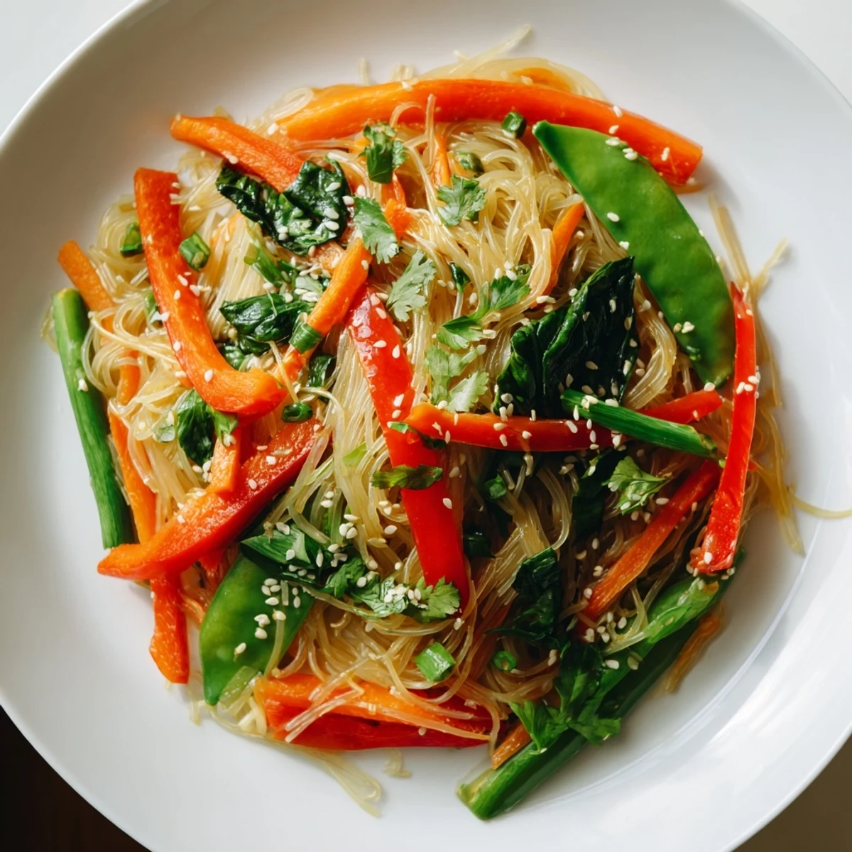 A vibrant Kelp Noodle Stir-Fry with colorful vegetables tossed in a glossy ginger sauce in a skillet.  