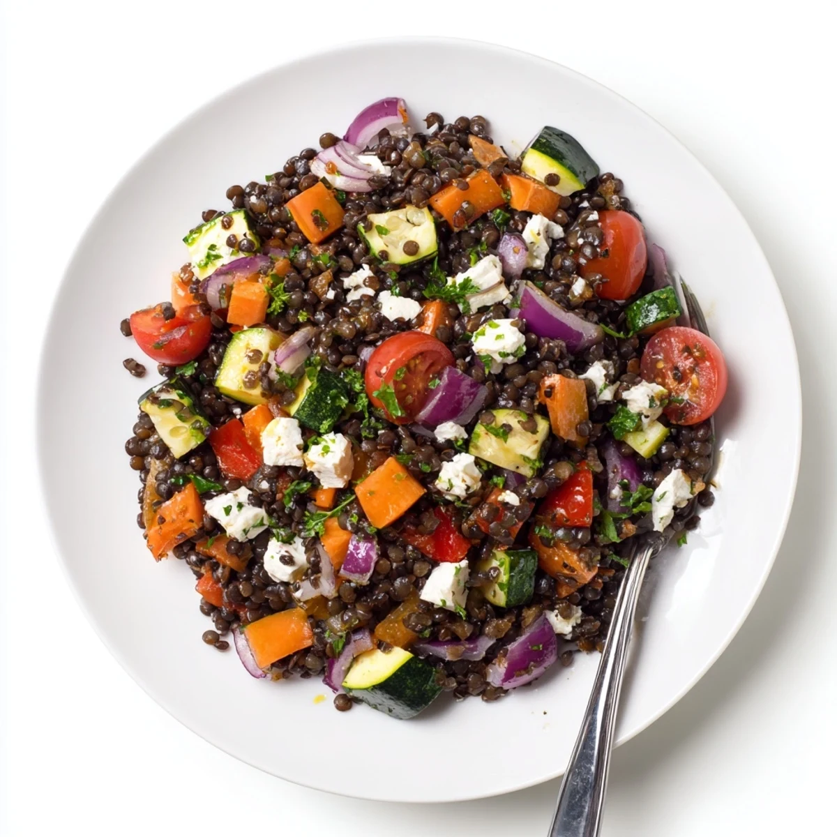A vibrant Black Lentil Salad with Roasted Vegetables showcases caramelized zucchini, bell peppers, and onions in a zesty lemon dressing.