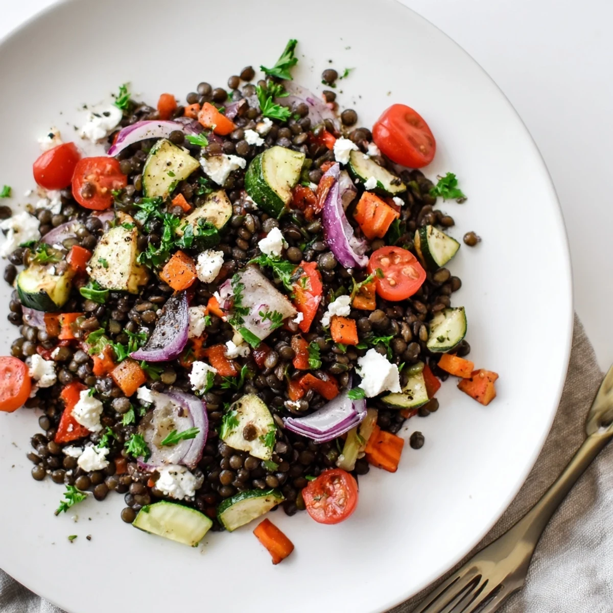 Colorful Black Lentil Salad with Roasted Vegetables features glistening, tender vegetables and plump lentils ready for a nutritious Mediterranean lunch.
