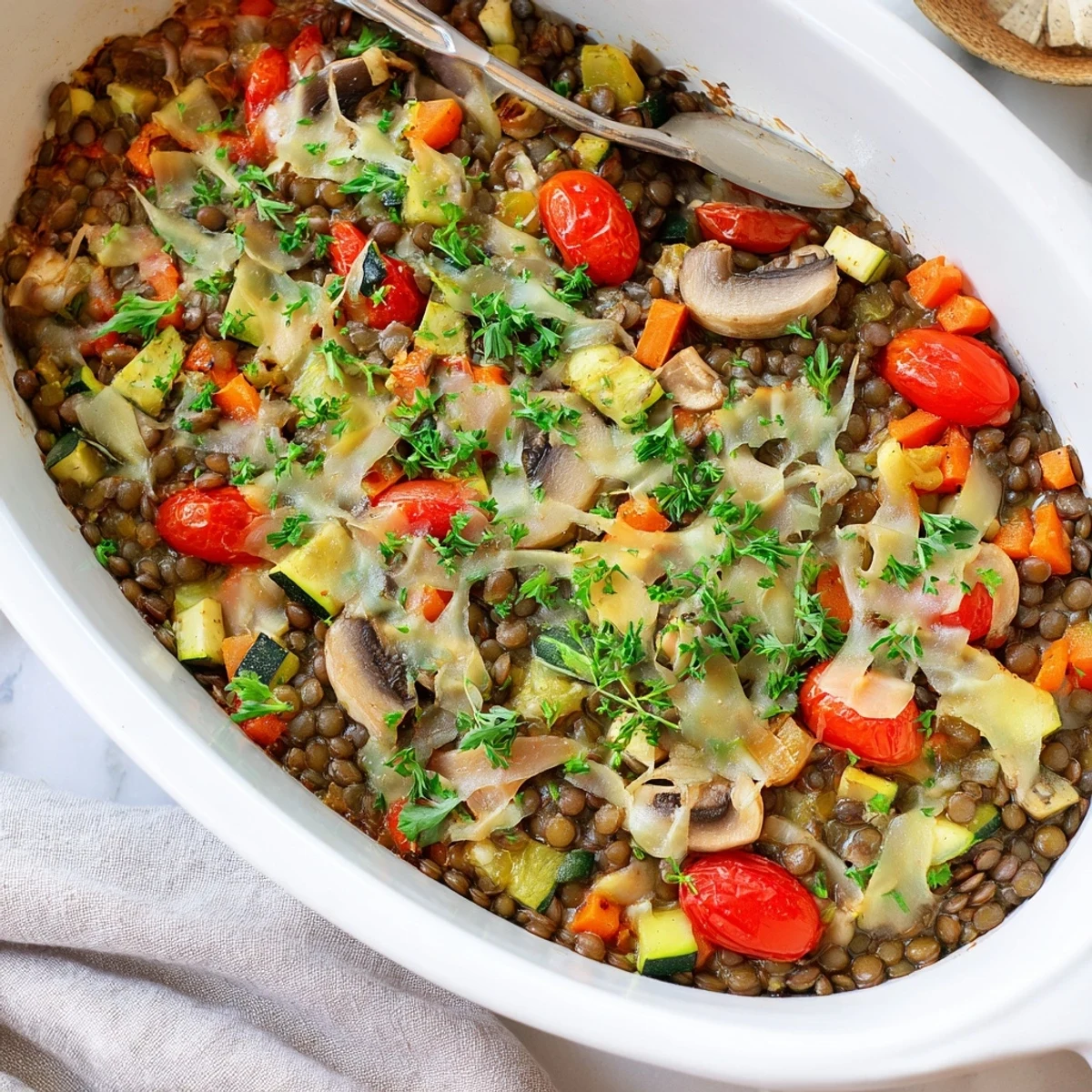 Close-up of a golden, bubbly Green Lentil and Vegetable Casserole fresh from the oven, garnished with fresh parsley.