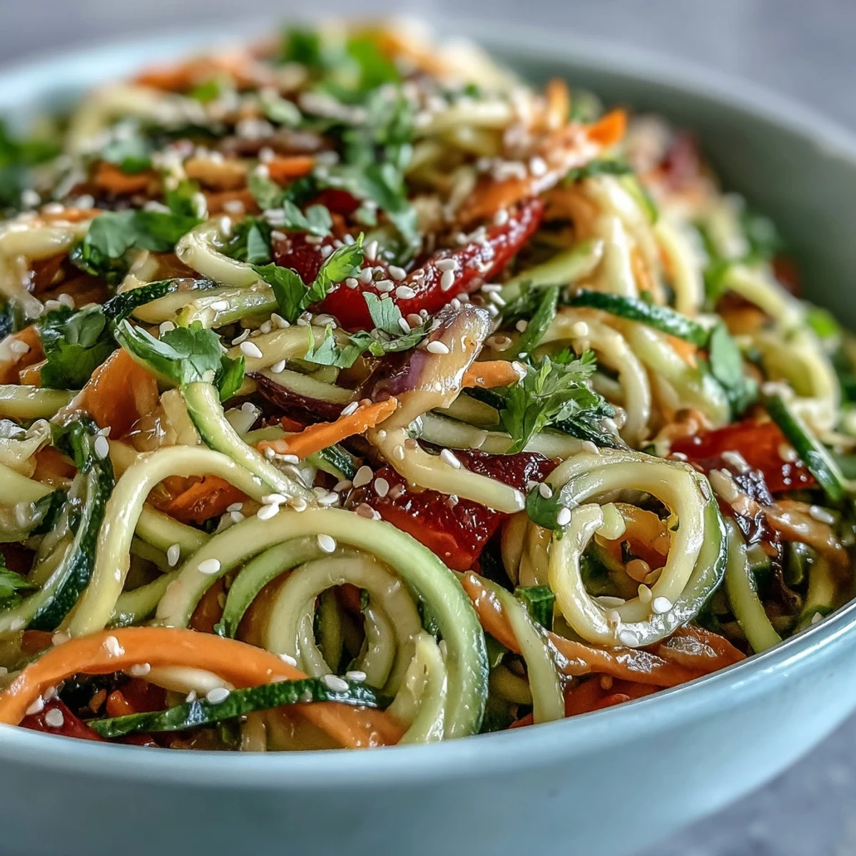 Vibrant Raw Vegetable Noodle Salad bursting with colors and tossed in a zesty sesame dressing.