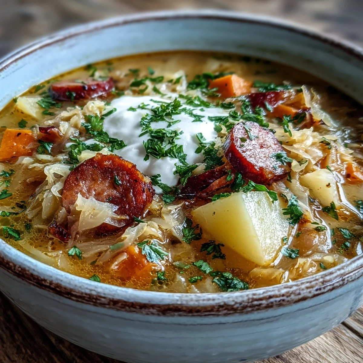 Golden Sauerkraut Soup with smoked kielbasa and fresh parsley garnish, ready to serve.