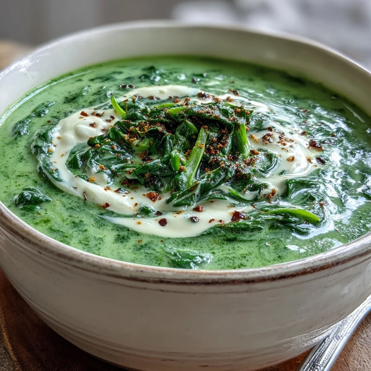 Steaming bowl of Spinach Soup with a creamy swirl and fresh cracked pepper.