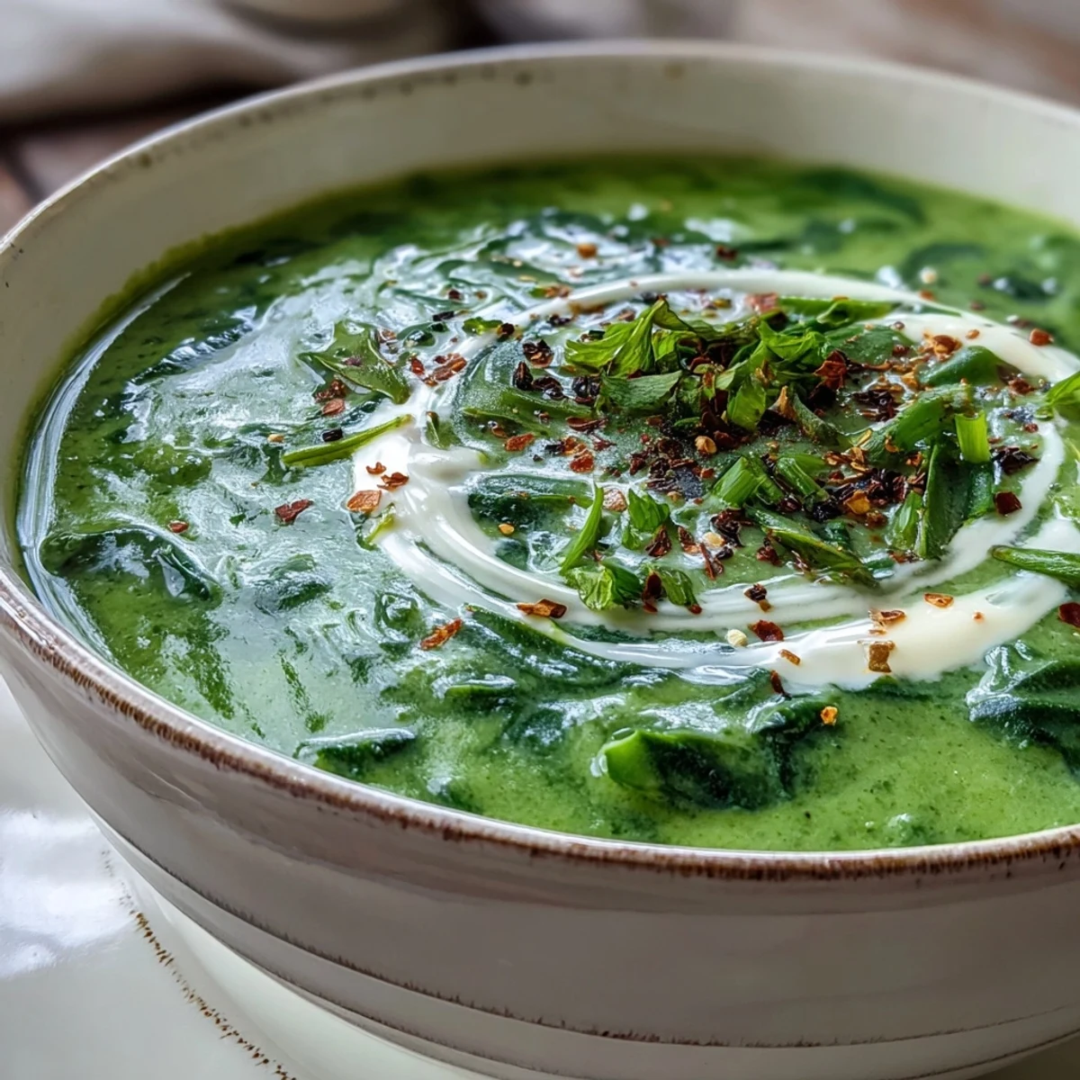 Creamy Spinach Soup garnished with a swirl of cream, served with crusty bread.