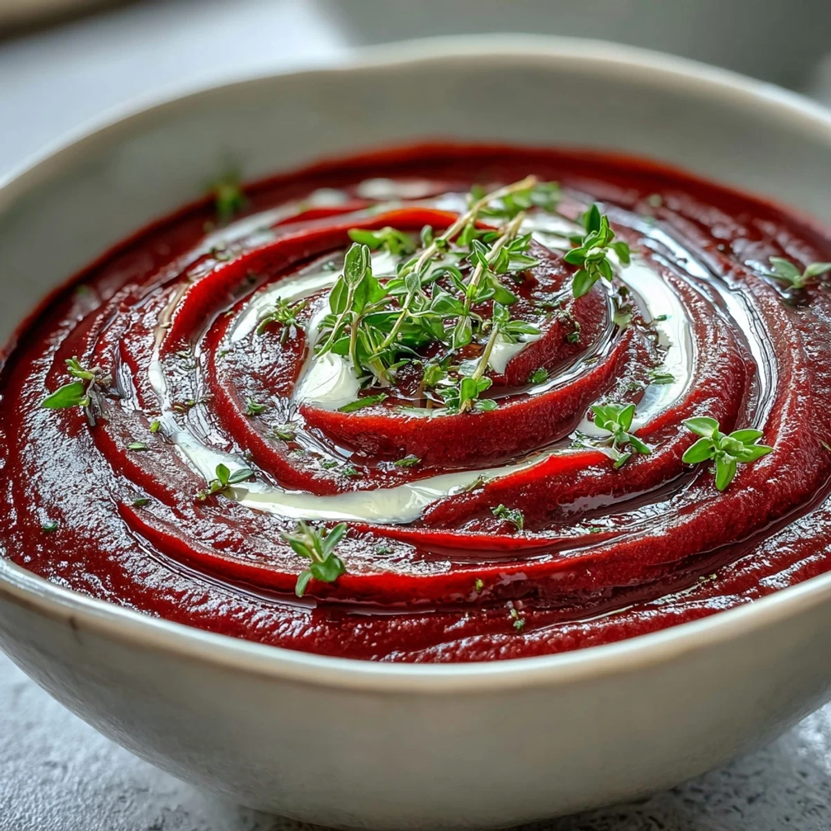 Creamy roasted beet soup garnished with thyme, served in a rustic bowl for a cozy vegetarian meal.