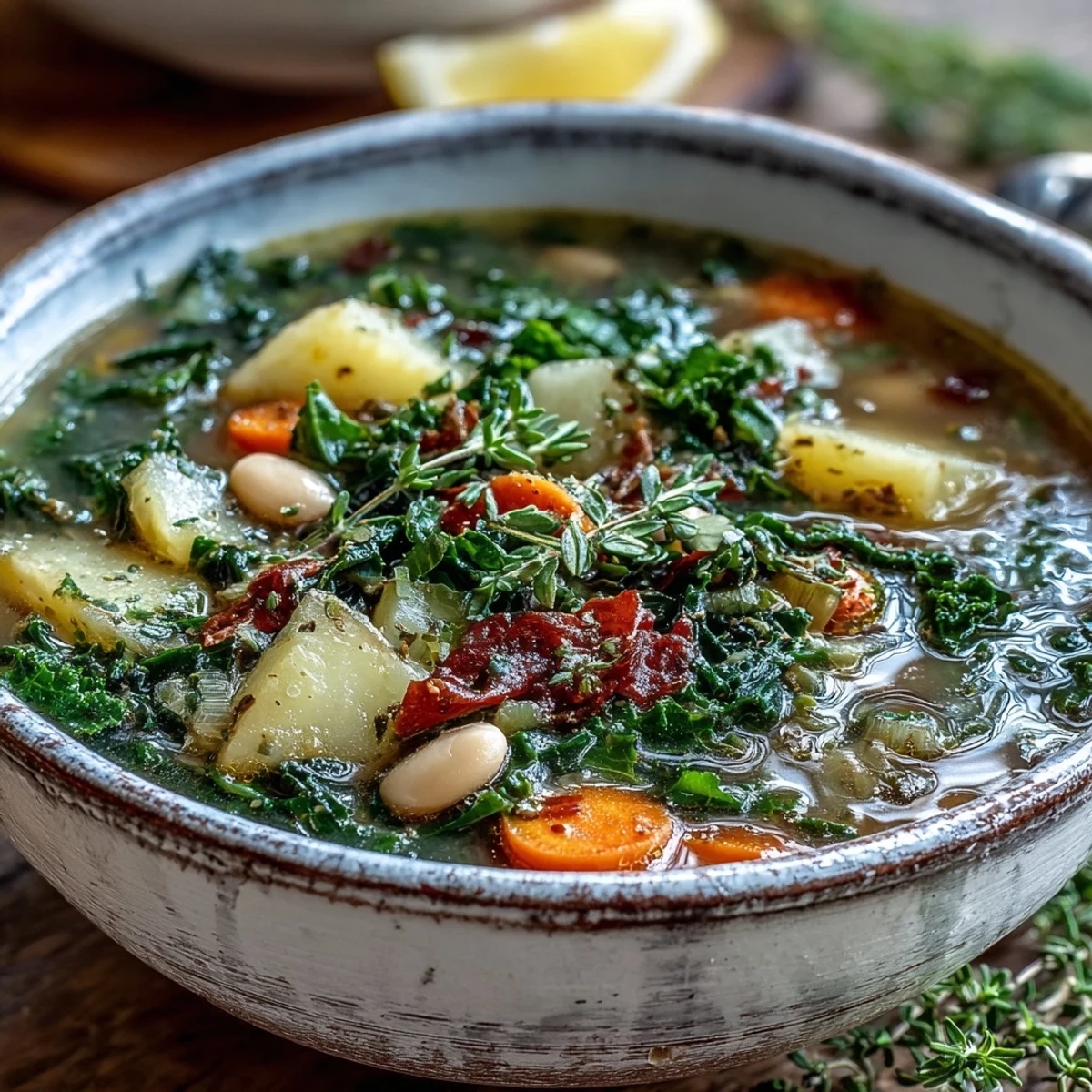 Steaming bowl of homemade Kale Soup with white beans and colorful root vegetables.