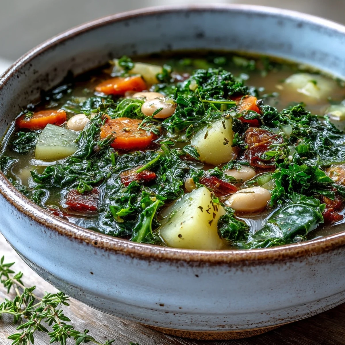 A ladle serving Kale Soup from a Dutch oven, highlighting tender kale and carrots.