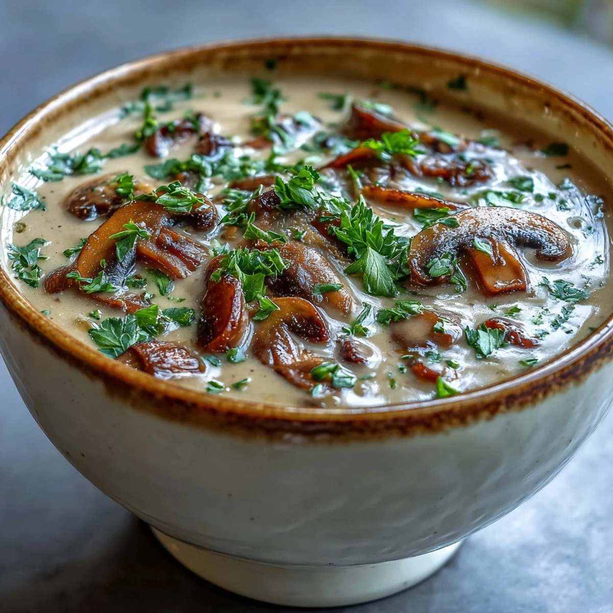 Homemade mushroom soup in a white bowl, highlighting its rich texture and savory umami flavors.