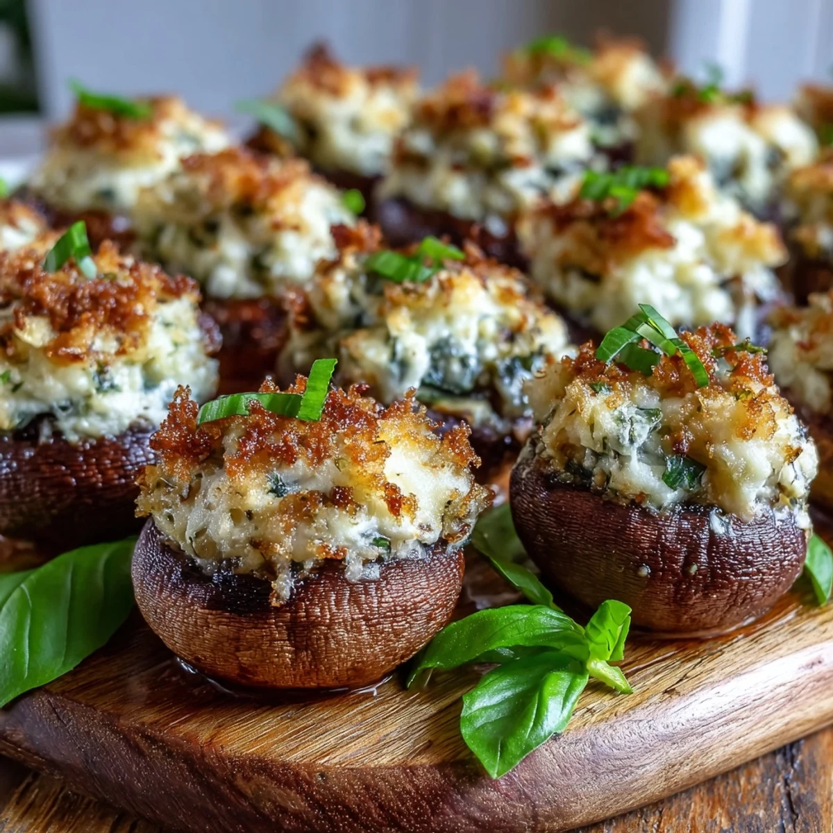 Golden-baked Stuffed Asiago-Basil Mushrooms with a melted, bubbly cheese topping ready to serve.