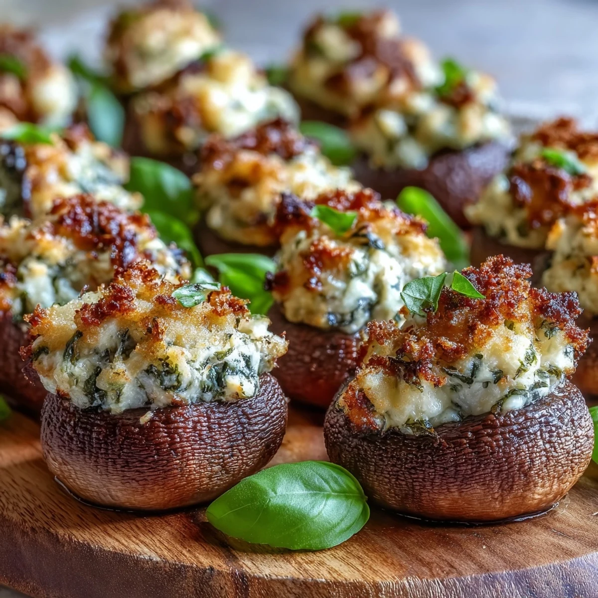 Warm Stuffed Asiago-Basil Mushrooms paired with a crisp white wine for an elegant appetizer.
