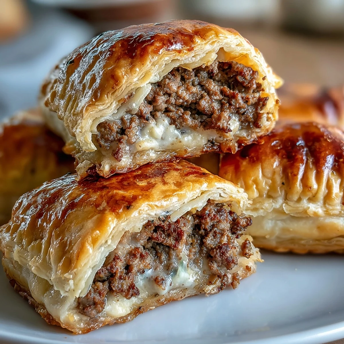 Two Mini Beef Tourtières, one sliced open, revealing the aromatic allspice-cinnamon beef filling on a white ceramic plate.